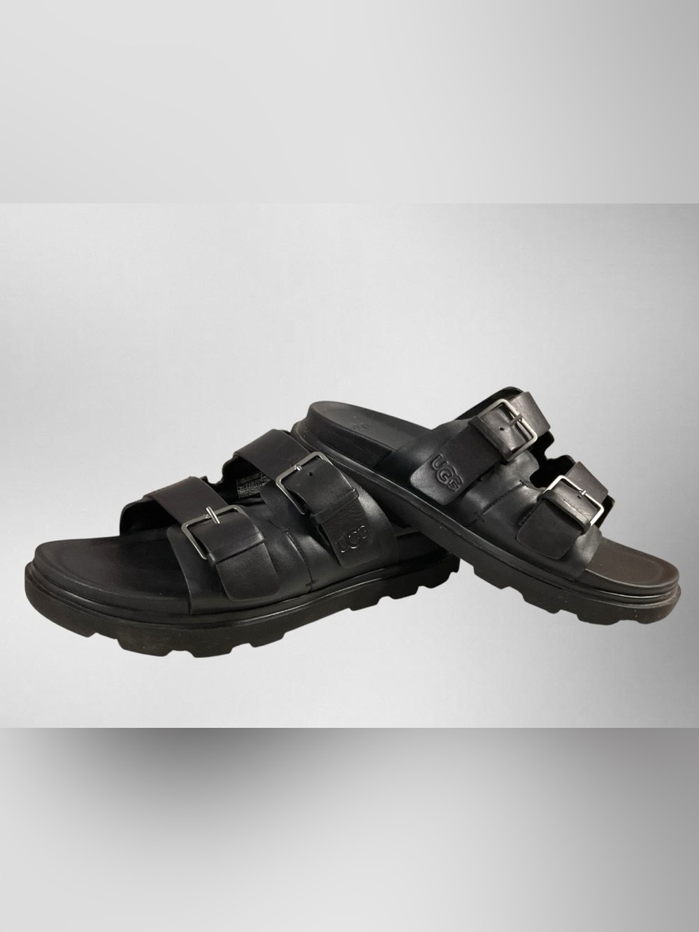 UGG Men's Size 9 Capitola Black Dual-Buckle Leather Slide Sandals #1153102